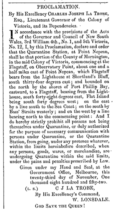 Quarantine Proclamation 23 Nov 1852